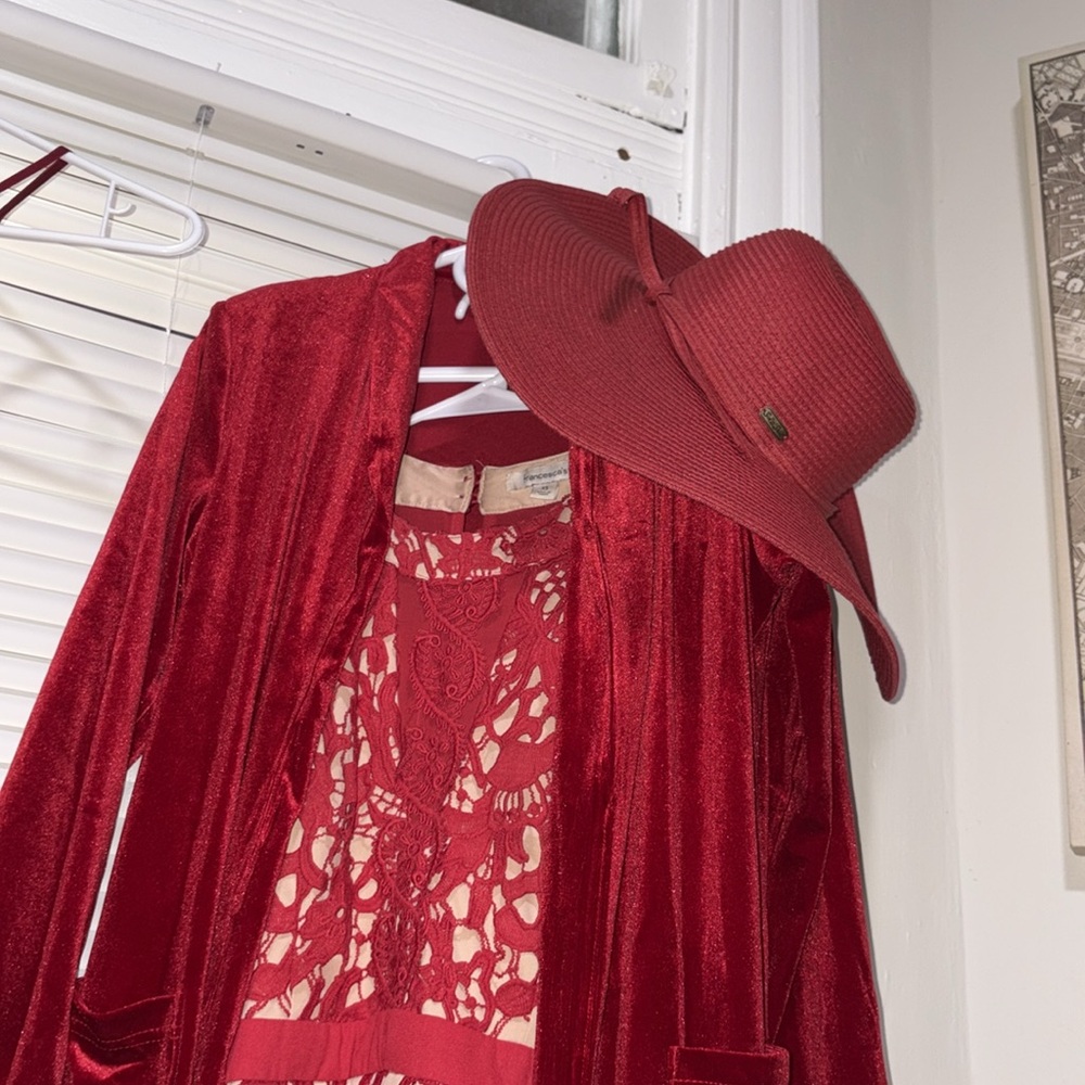 LACE DRESS Elegant Red Dress and Coat Set with Hat